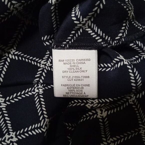 Joie Navy & White Grid Print 100% Silk Pop Over Semi Sheer Blouse Top Size Small - Picture 10 of 10